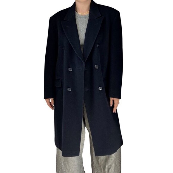 Vintage 1970s Navy Blue 100% Wool Made in England Double Breasted Trench Coat - Picture 4 of 11